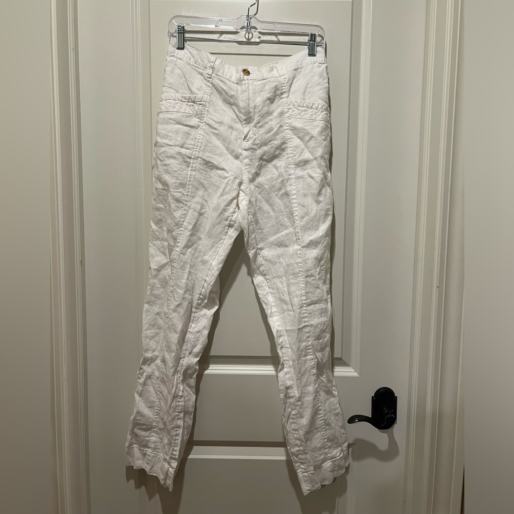 NWOT 100% Linen White Pants Straight Cut Lightweight Pockets Double Button Zip